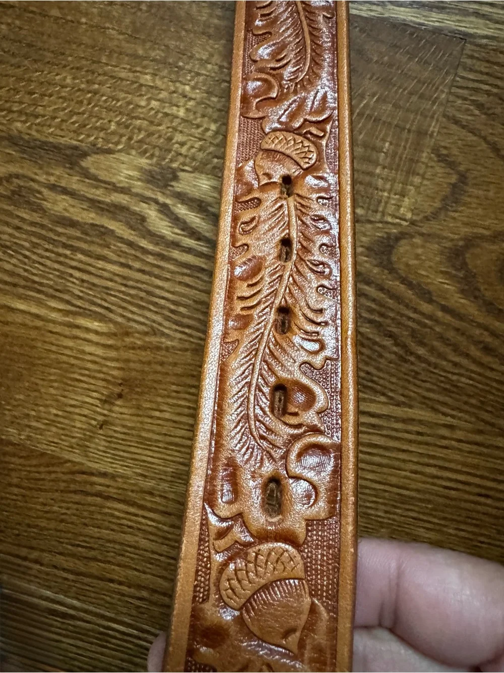 Brown Tooled Leather Western Cowboy Belt Silver Tone Buckle 32”